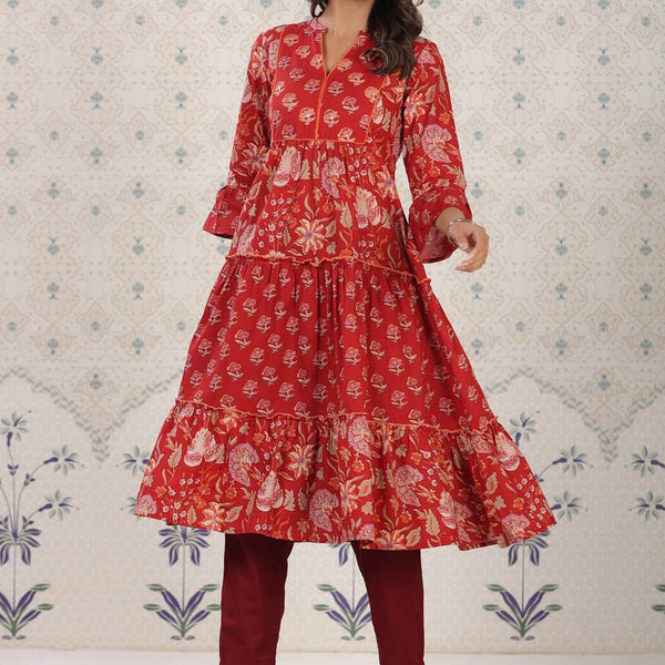 Ode by House of Pataudi Ethnic Motifs Printed Bell Sleeves A-Line Cotton Kurta - Distacart