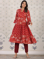 Thumbnail for Ode by House of Pataudi Ethnic Motifs Printed Bell Sleeves A-Line Cotton Kurta - Distacart