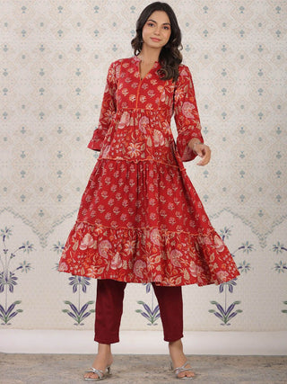 Ode by House of Pataudi Ethnic Motifs Printed Bell Sleeves A-Line Cotton Kurta - Distacart