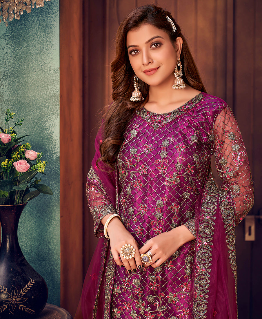 Monjolika Fashion Purple Color Trendy Designer Net Pakistani Salwar Kameez