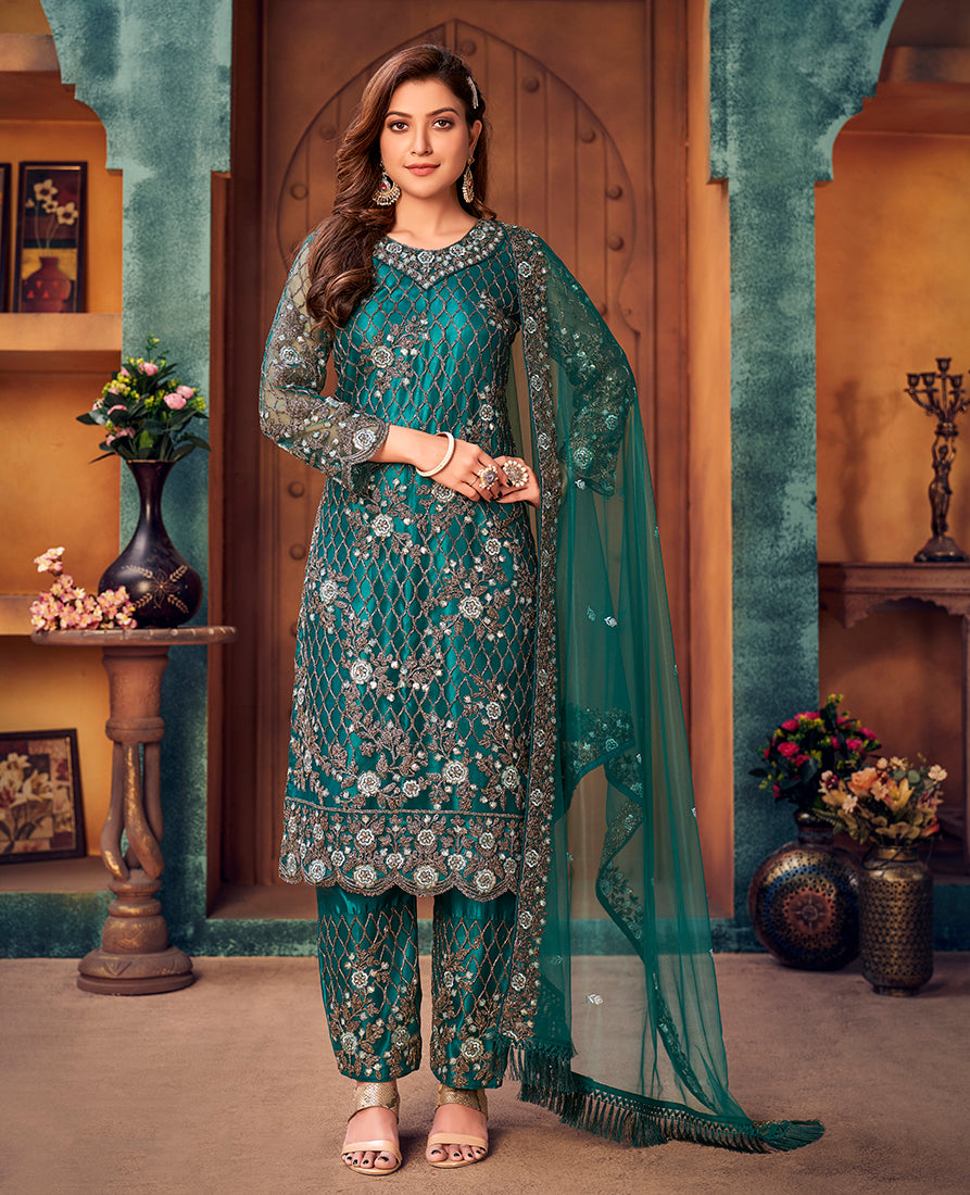 Monjolika Fashion Teal Color Trendy Designer Net Pakistani Salwar Kameez
