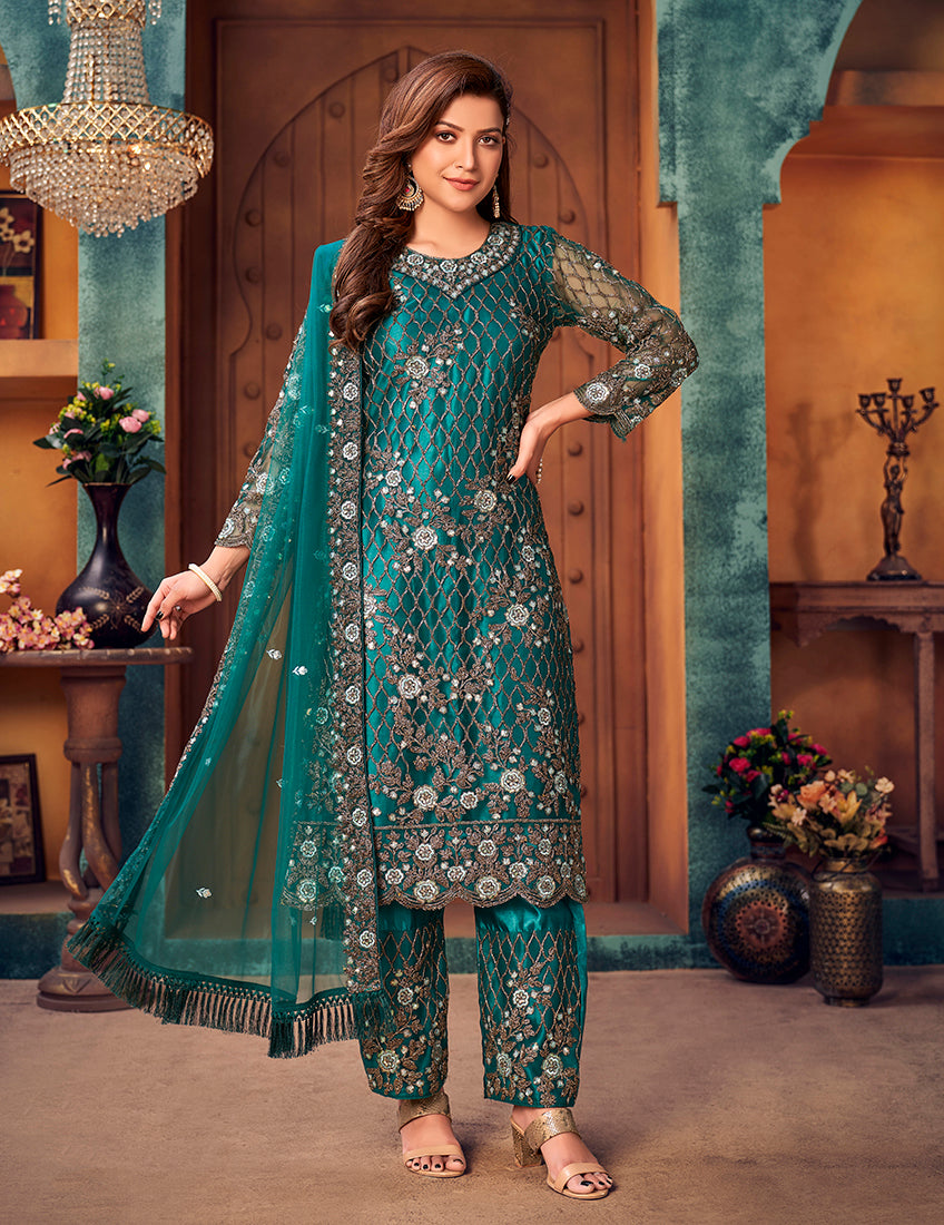 Monjolika Fashion Teal Color Trendy Designer Net Pakistani Salwar Kameez