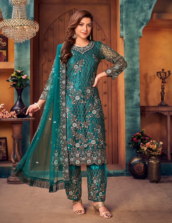 Monjolika Fashion Teal Color Trendy Designer Net Pakistani Salwar Kameez