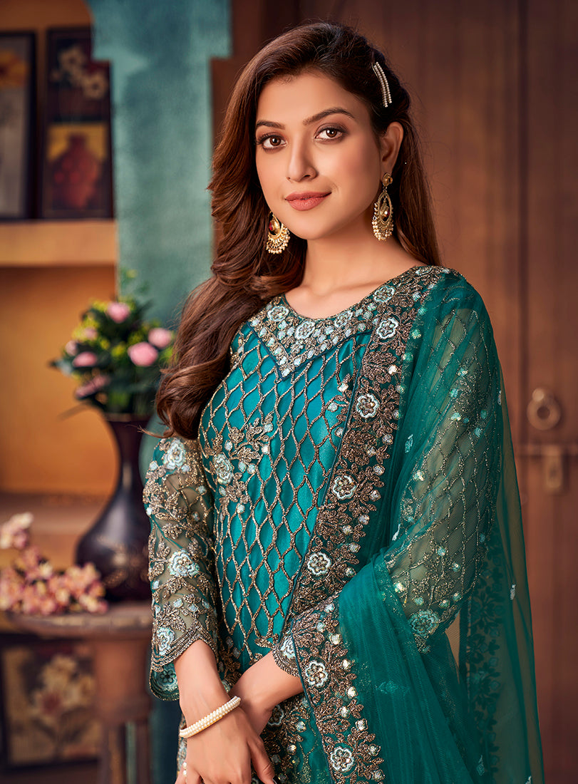 Monjolika Fashion Teal Color Trendy Designer Net Pakistani Salwar Kameez