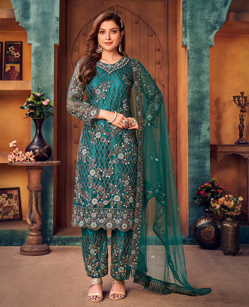 Monjolika Fashion Teal Color Trendy Designer Net Pakistani Salwar Kameez