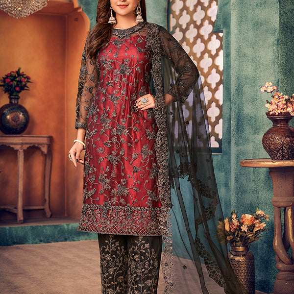 Monjolika Fashion Red Black Color Trendy Designer Net Pakistani Salwar Kameez - Distacart