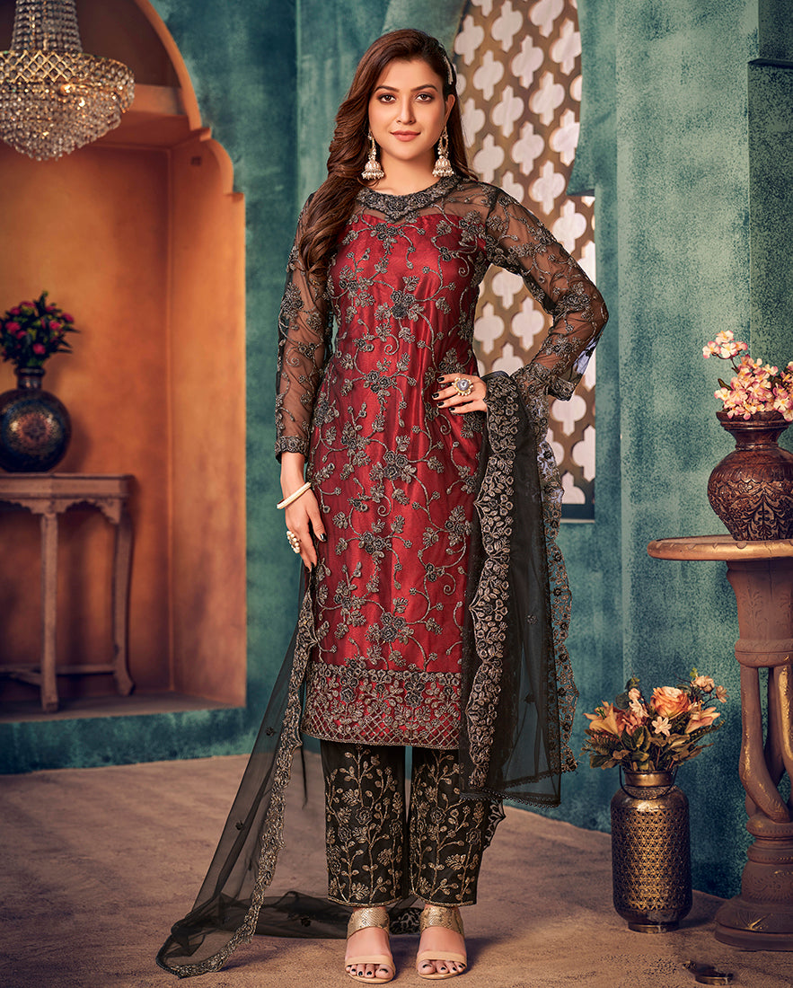 Monjolika Fashion Red Black Color Trendy Designer Net Pakistani Salwar Kameez