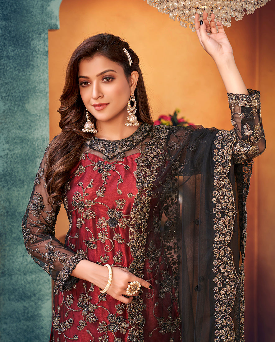 Monjolika Fashion Red Black Color Trendy Designer Net Pakistani Salwar Kameez