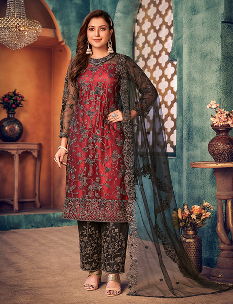 Monjolika Fashion Red Black Color Trendy Designer Net Pakistani Salwar Kameez