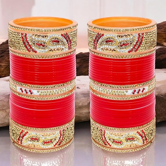 Tehzeeb Creations Bridal Bangle Set Designer Golden White & Red Stone Chuda Bridal Wedding Choora Fashion Chura For Women - Distacart