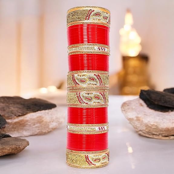 Tehzeeb Creations Bridal Bangle Set Designer Golden White & Red Stone Chuda Bridal Wedding Choora Fashion Chura For Women - Distacart