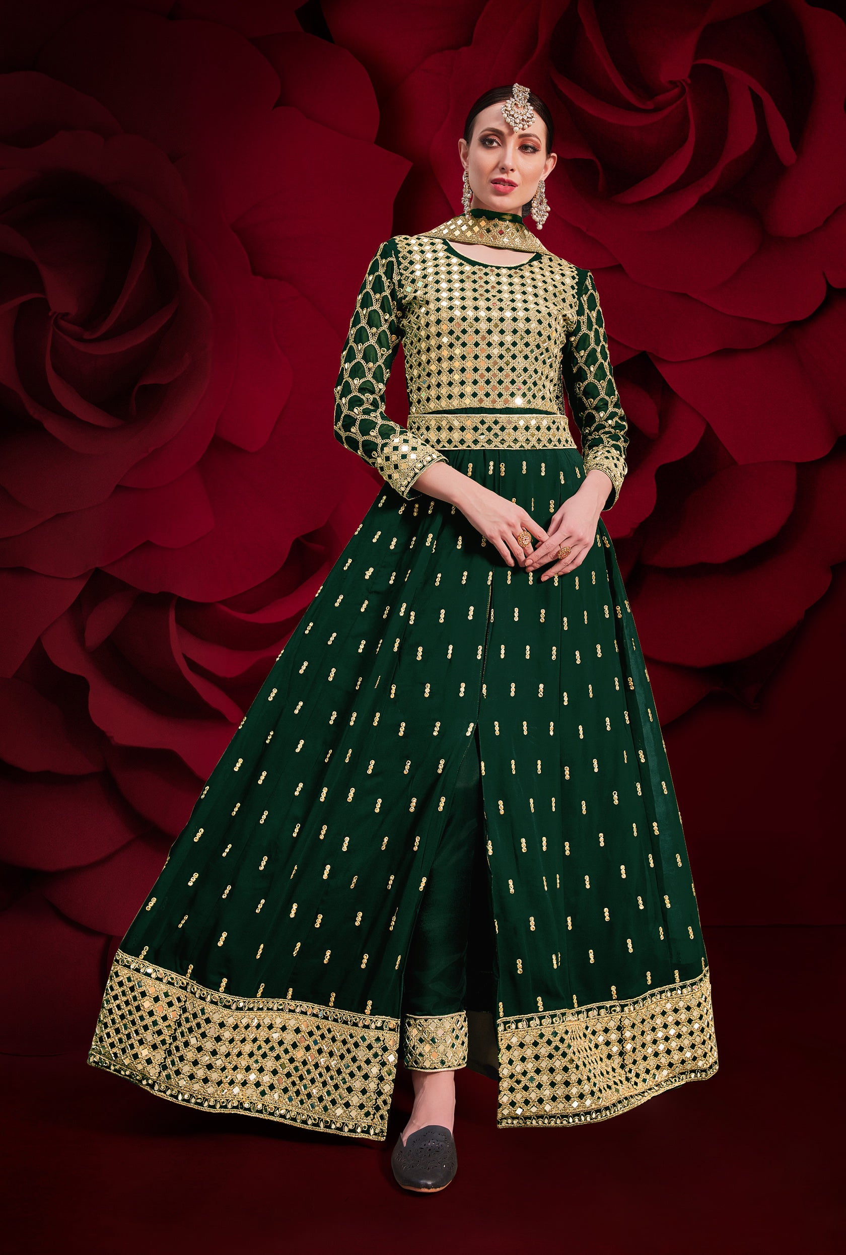 Monjolika Fashion Dark Green Color Georgette Festival Anarkali Salwar Suit