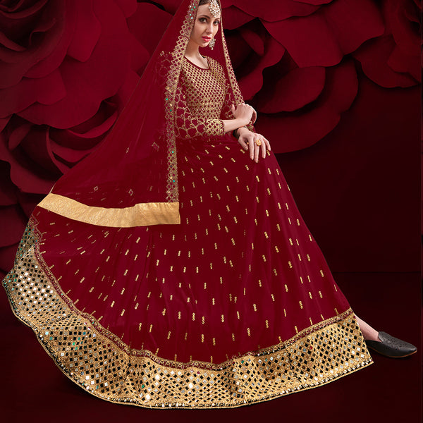 Monjolika Fashion Red Color Georgette Festival Anarkali Salwar Suit - Distacart