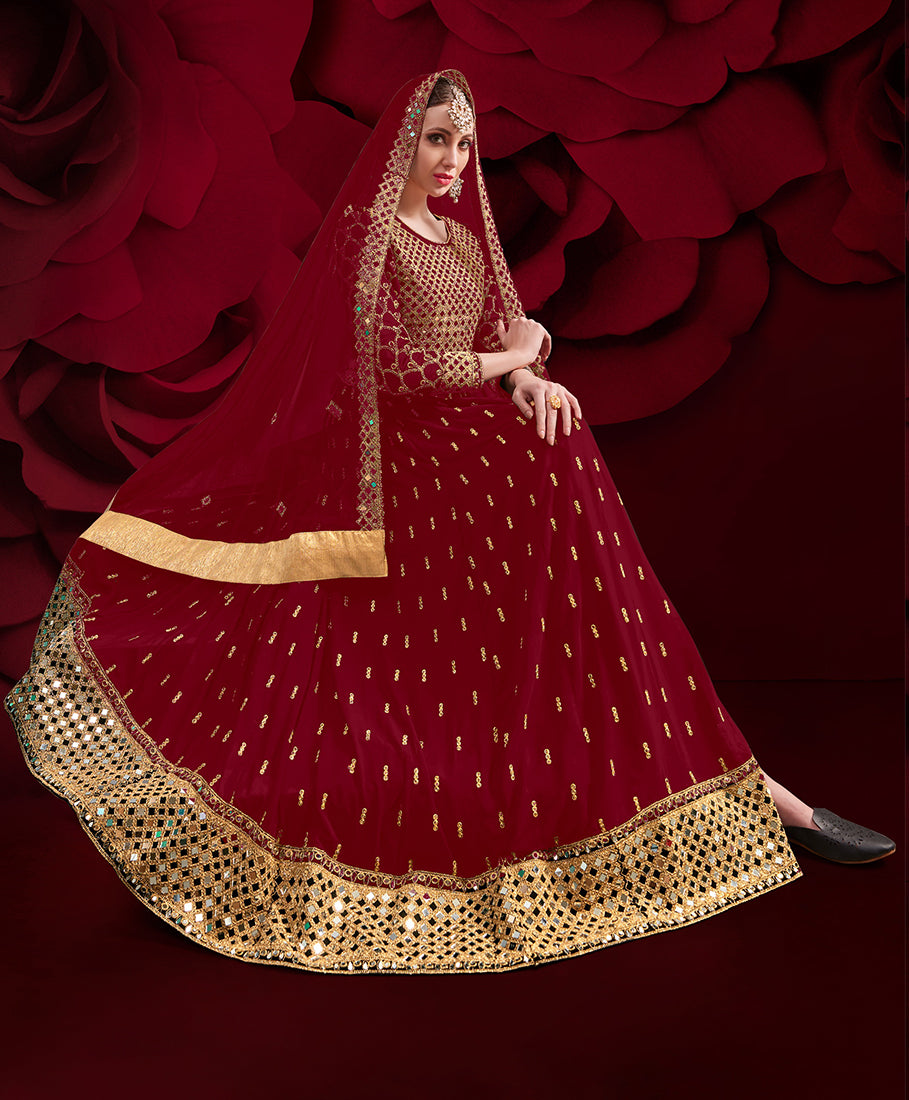 Monjolika Fashion Red Color Georgette Festival Anarkali Salwar Suit