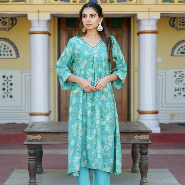 Vaasva Women Aqua Muslin Pleated Kurta & Pant Clothing Set - Distacart