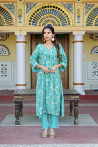 Vaasva Women Aqua Muslin Pleated Kurta & Pant Clothing Set - Distacart