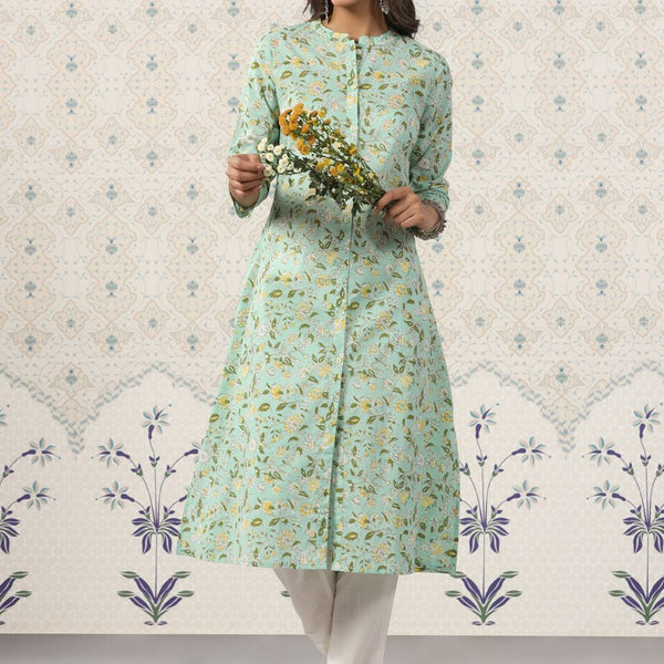 Ode by House of Pataudi Floral Printed Band Collar Pure Cotton Kurta - Distacart