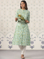Thumbnail for Ode by House of Pataudi Floral Printed Band Collar Pure Cotton Kurta - Distacart