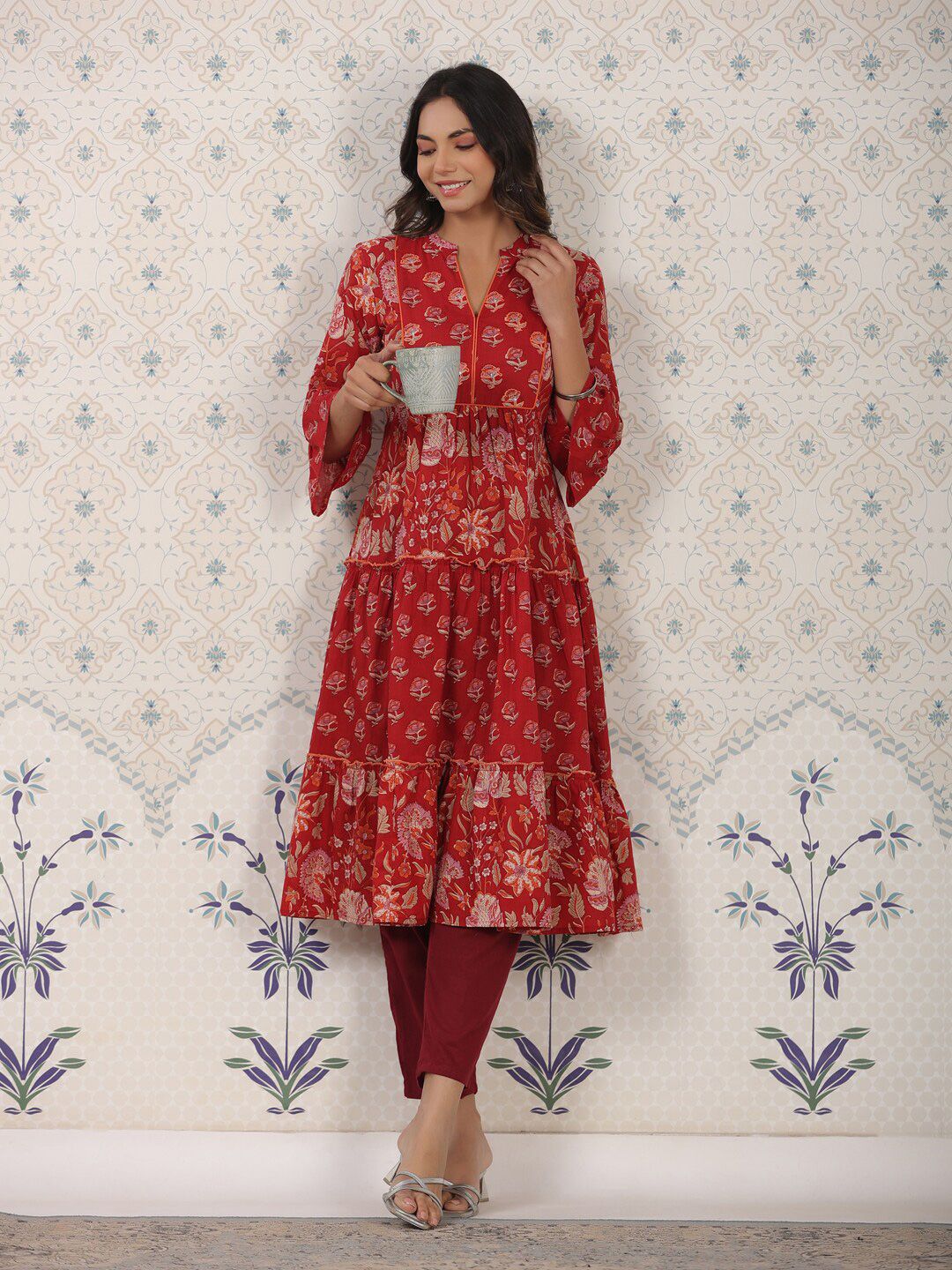 Ode by House of Pataudi Ethnic Motifs Printed Cotton Tiering Kurta - Distacart