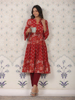 Thumbnail for Ode by House of Pataudi Ethnic Motifs Printed Cotton Tiering Kurta - Distacart