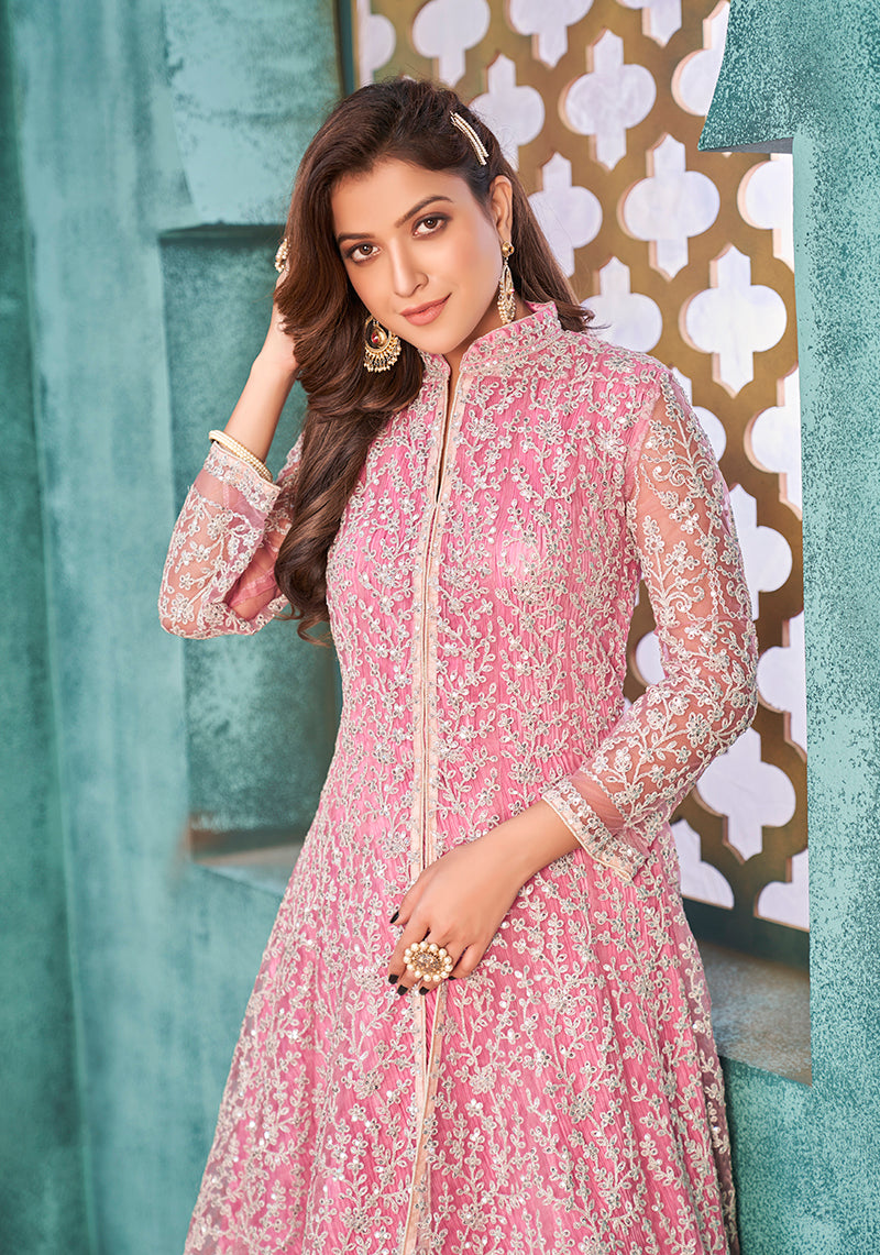 Monjolika Fashion Pink Color Net Designer Floor Length Suit