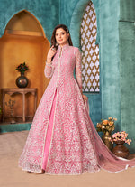Thumbnail for Monjolika Fashion Pink Color Net Designer Floor Length Suit