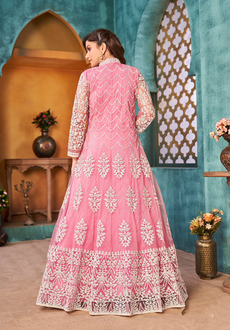 Monjolika Fashion Pink Color Net Designer Floor Length Suit