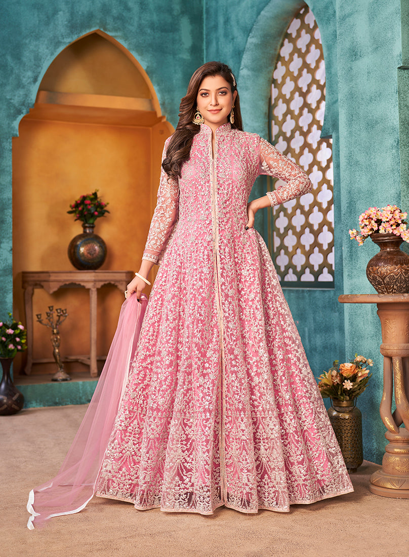 Monjolika Fashion Pink Color Net Designer Floor Length Suit