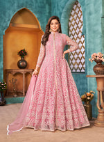 Thumbnail for Monjolika Fashion Pink Color Net Designer Floor Length Suit