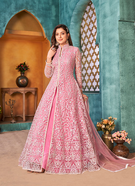Monjolika Fashion Pink Color Net Designer Floor Length Suit
