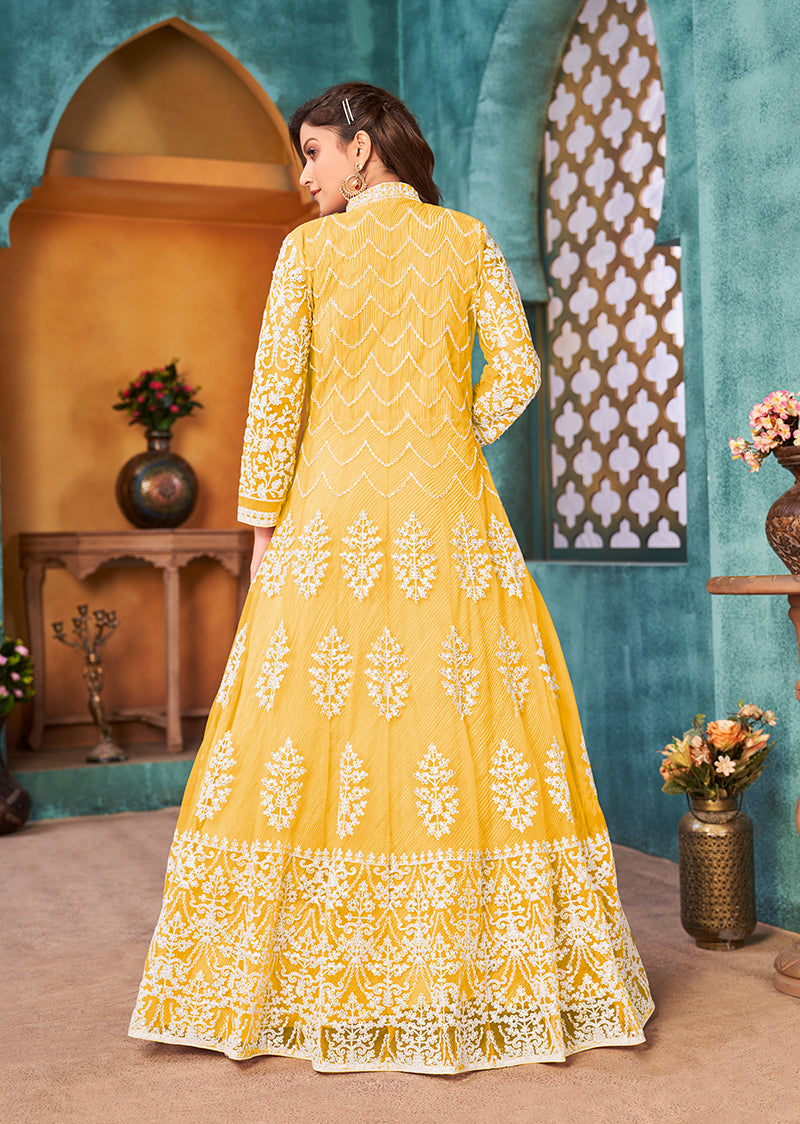 Monjolika Fashion Yellow Color Net Designer Floor Length Suit