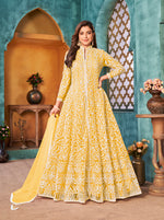Thumbnail for Monjolika Fashion Yellow Color Net Designer Floor Length Suit