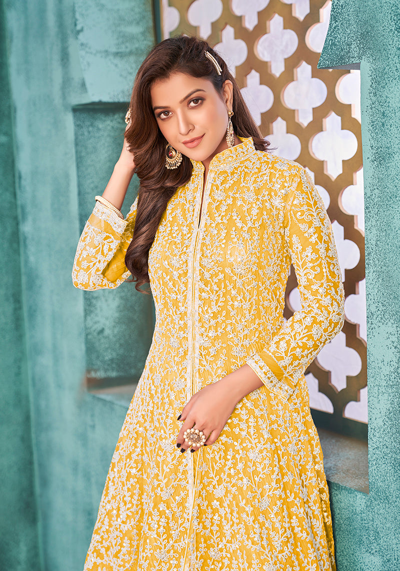 Monjolika Fashion Yellow Color Net Designer Floor Length Suit