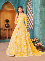 Thumbnail for Monjolika Fashion Yellow Color Net Designer Floor Length Suit