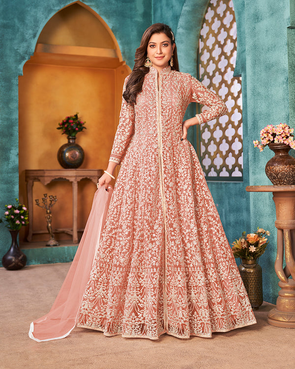 Monjolika Fashion Peach Color Net Designer Floor Length Suit