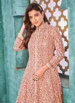 Thumbnail for Monjolika Fashion Peach Color Net Designer Floor Length Suit