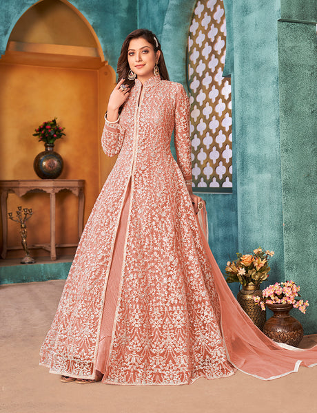Monjolika Fashion Peach Color Net Designer Floor Length Suit