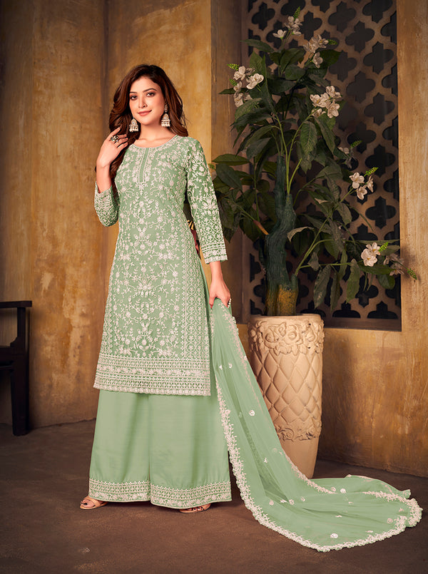 Monjolika Fashion Sea Green Color Net Embroidered Palazzo Suit