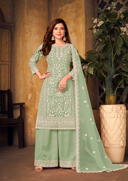 Monjolika Fashion Sea Green Color Net Embroidered Palazzo Suit