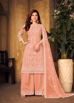 Thumbnail for Monjolika Fashion Peach Color Net Embroidered Palazzo Suit