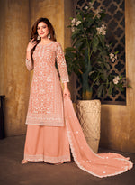 Thumbnail for Monjolika Fashion Peach Color Net Embroidered Palazzo Suit