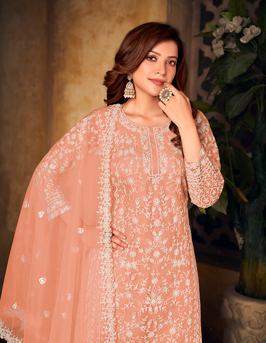 Monjolika Fashion Peach Color Net Embroidered Palazzo Suit