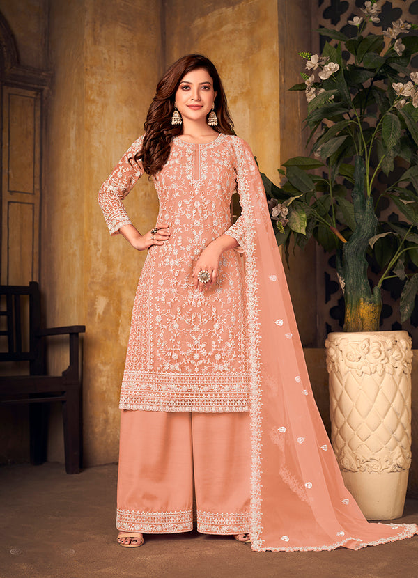 Monjolika Fashion Peach Color Net Embroidered Palazzo Suit