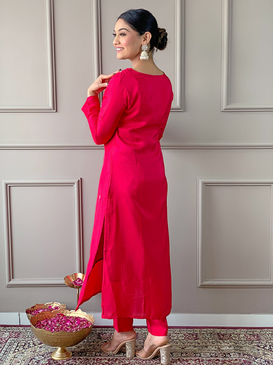 The52 Red Women Embroidered Viscose Kurta Pant and Dupatta set