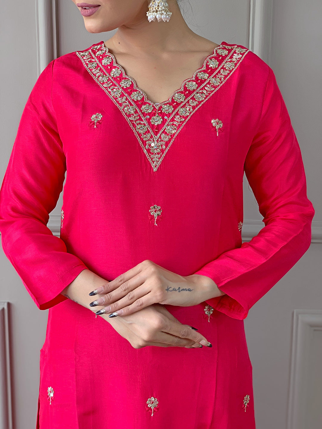 The52 Red Women Embroidered Viscose Kurta Pant and Dupatta set