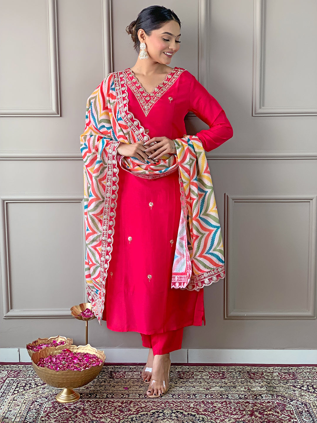 The52 Red Women Embroidered Viscose Kurta Pant and Dupatta set