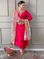 Thumbnail for The52 Red Women Embroidered Viscose Kurta Pant and Dupatta set