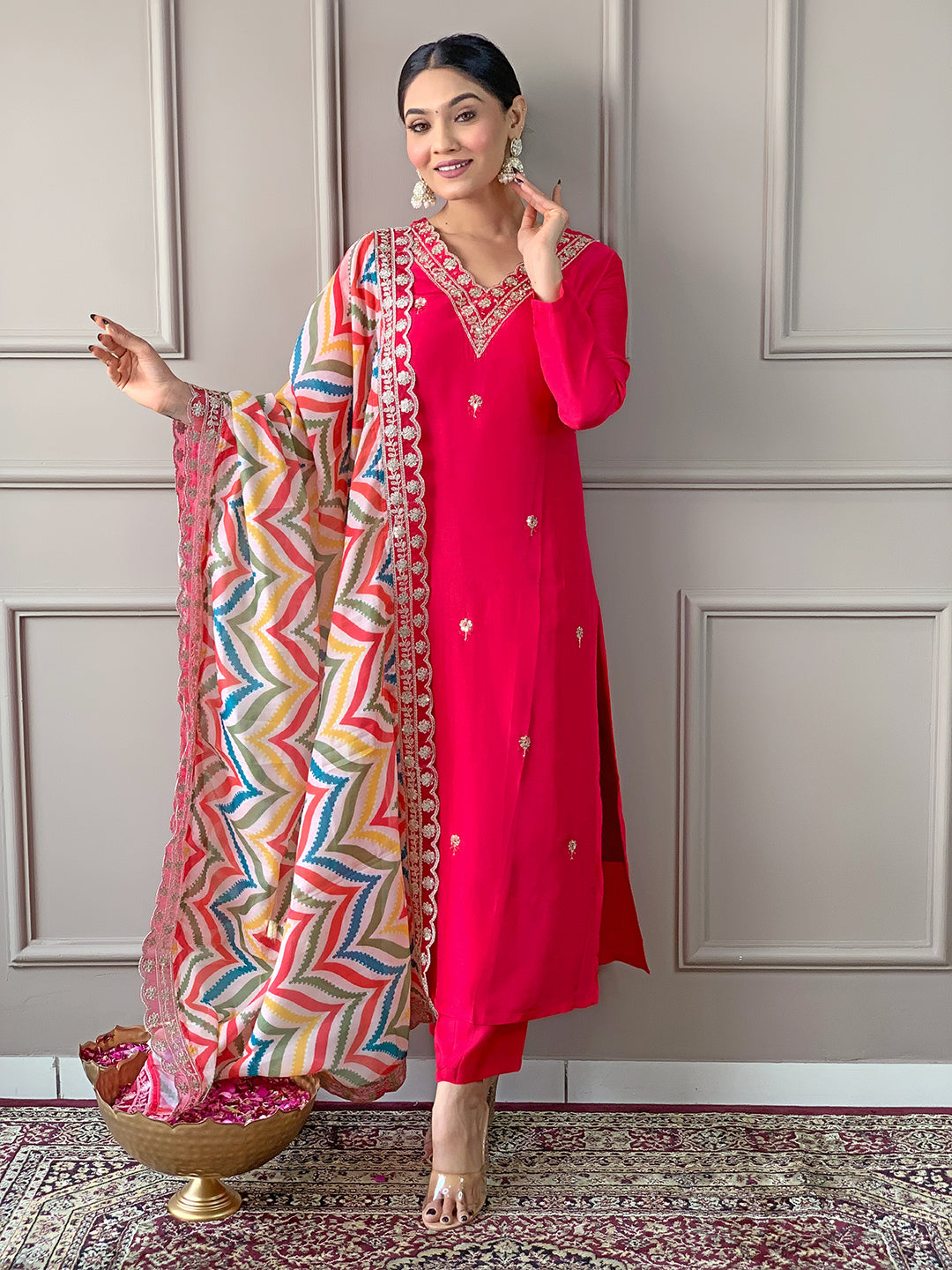 The52 Red Women Embroidered Viscose Kurta Pant and Dupatta set