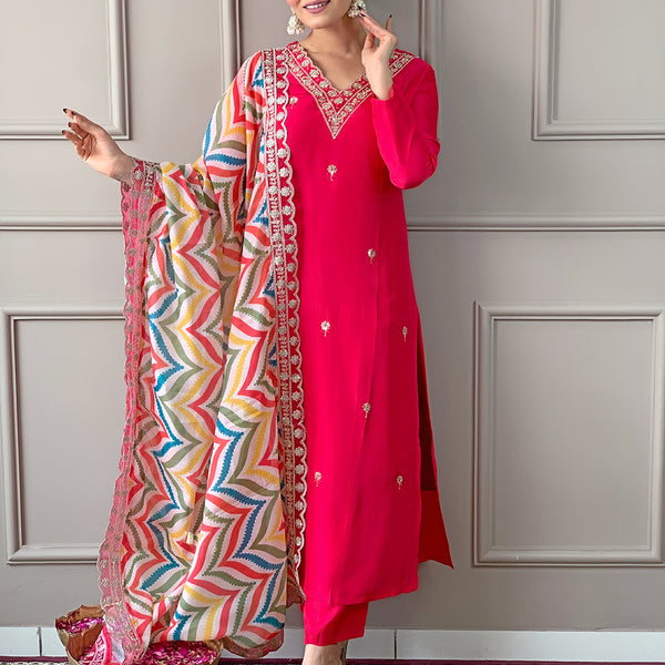 The52 Red Women Embroidered Viscose Kurta Pant and Dupatta set - Distacart