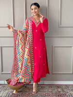 Thumbnail for The52 Red Women Embroidered Viscose Kurta Pant and Dupatta set